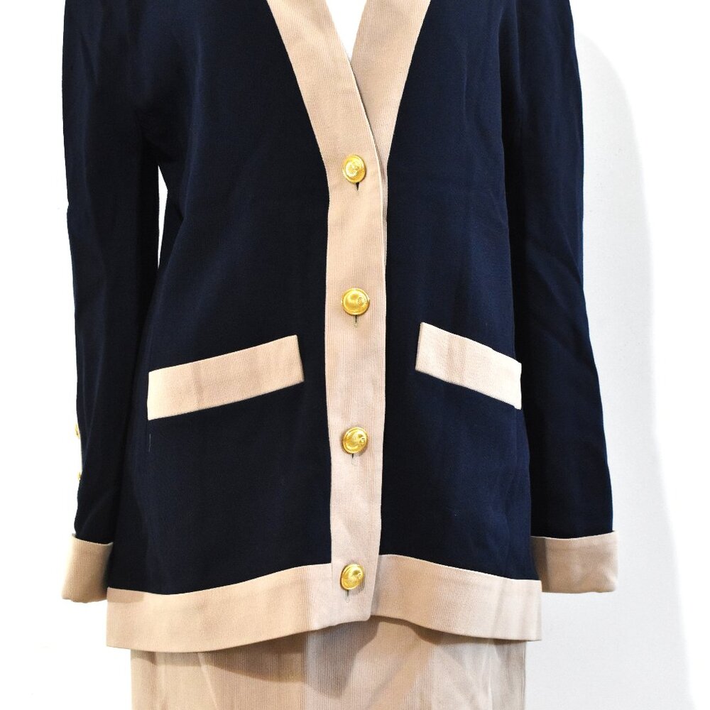 CHANEL Boutique Vintage Navy & Cream Blazer Skirt Suit Set – Gold Buttons